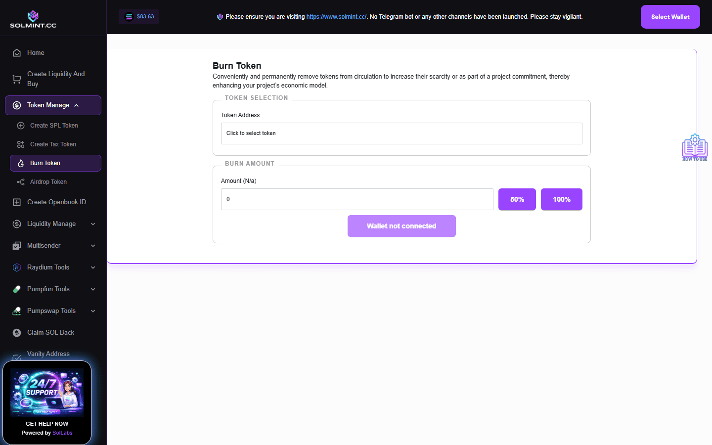 How to Burn SPL Token or Raydium LP Token on Solmint