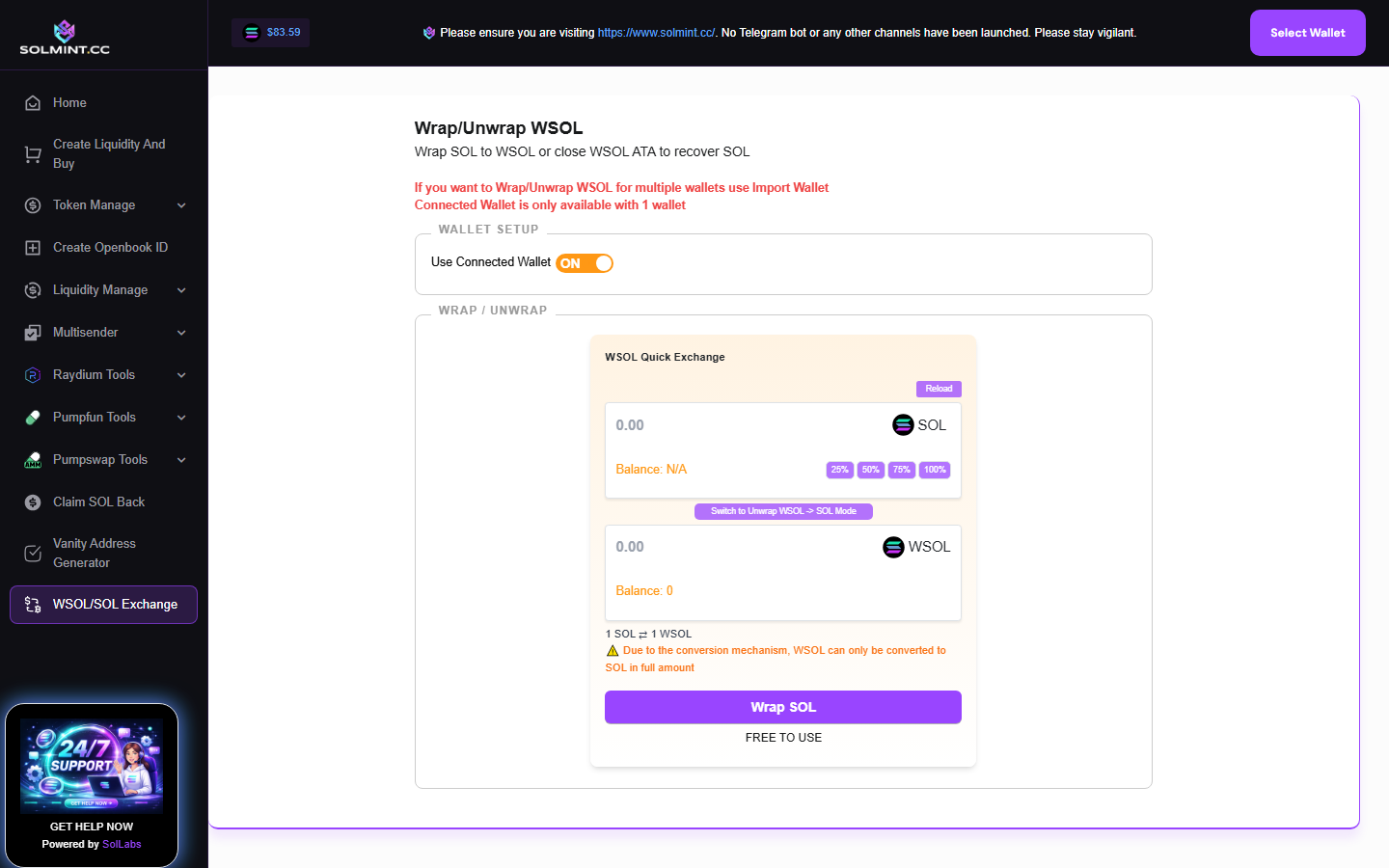 SOL / wSOL Exchange on Solmint